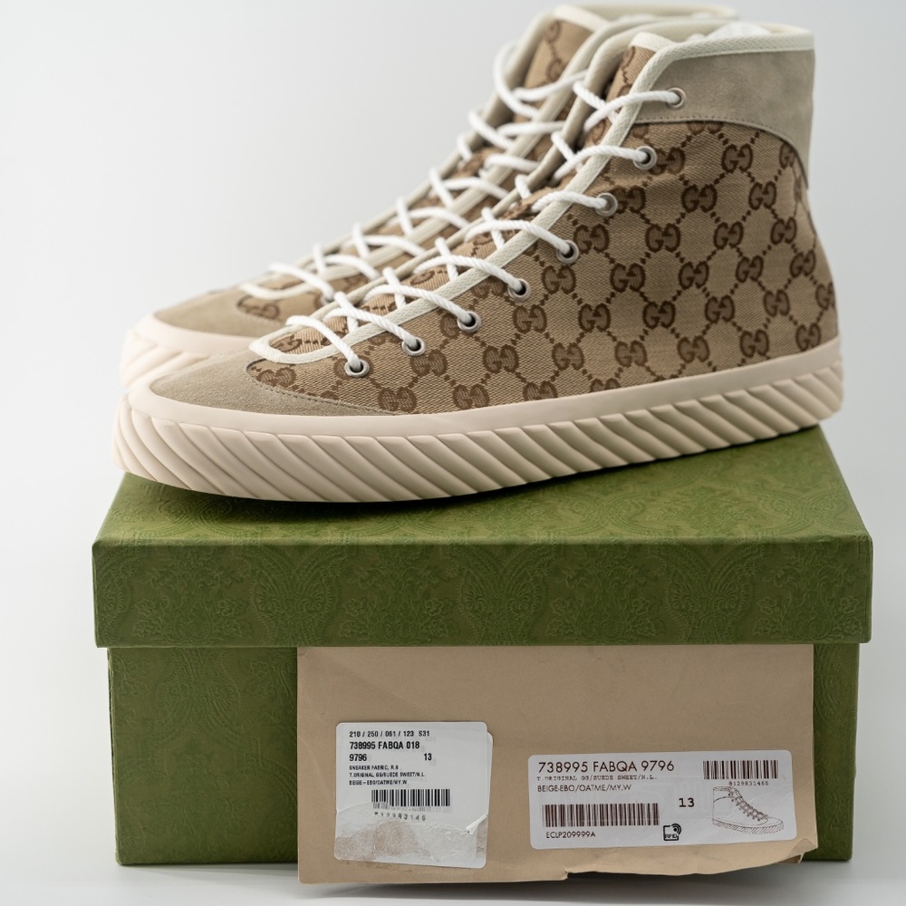 size 13G - Gucci GG Canvas Monogram Sneakers Tortuga Beige High Top - Picture 9 of 10